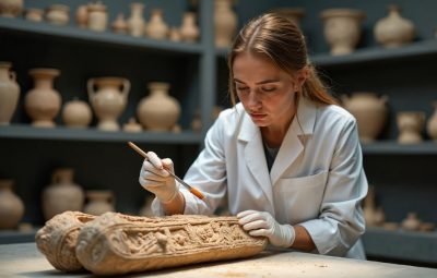 Conservation staff treating an artifact in a storage room to document condition and support collections conservation records