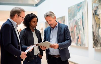 Collections staff reviewing TMS Suite on a tablet in a gallery to support collaborative collections management workflows