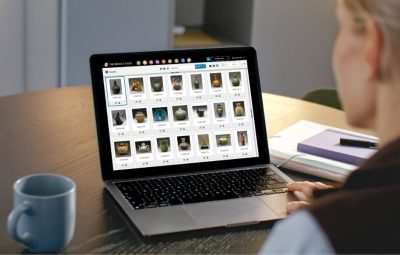 Collections staff using TMS Media Studio on a laptop to browse and manage a digital asset library of collection objects.
