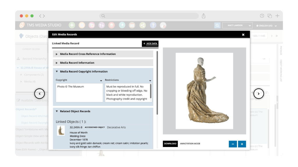 TMS Media Studio linked media record displaying copyright details and connected collections data within an integrated workflow.