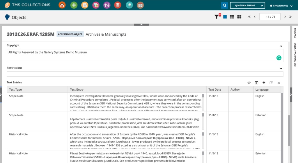 Object Record with Notes in Multiple Languages
