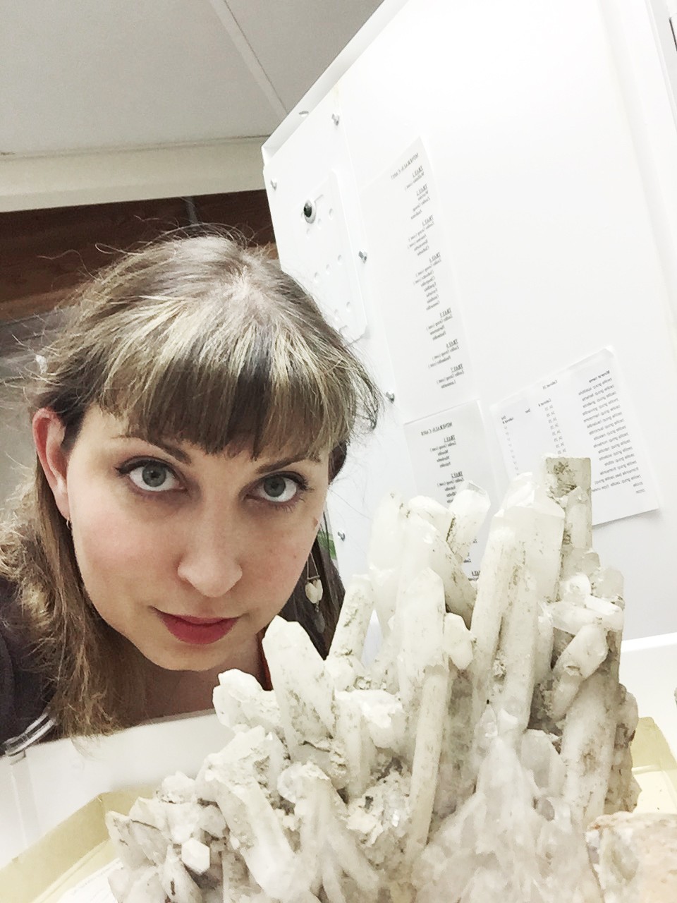 Gallery Systems trainer Allison Galland posing with a mineral crystal specimen from a museum collection
