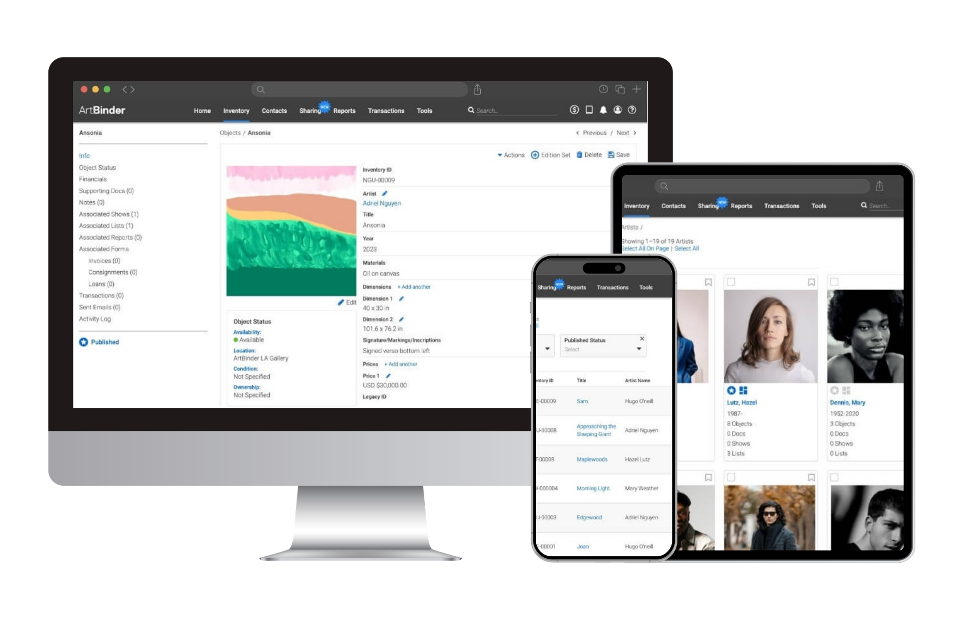 artbinder on a desktop, laptop and iphone.