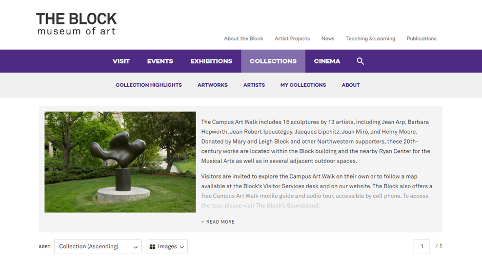 The Block Museum of Art eMuseum site showing Campus Art Walk virtual collection