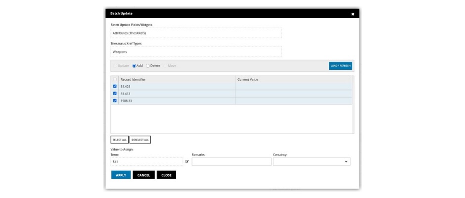 Using batch updates to standardize terminology by adding the Pitjantjatjara term “kali” to all objects named “boomerang”.