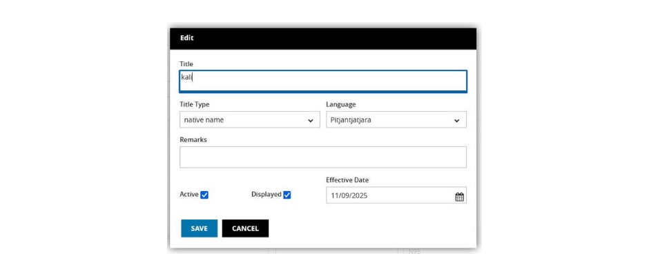 Use the Title widget to include the original name, such as “kali”, as a native or primary title.