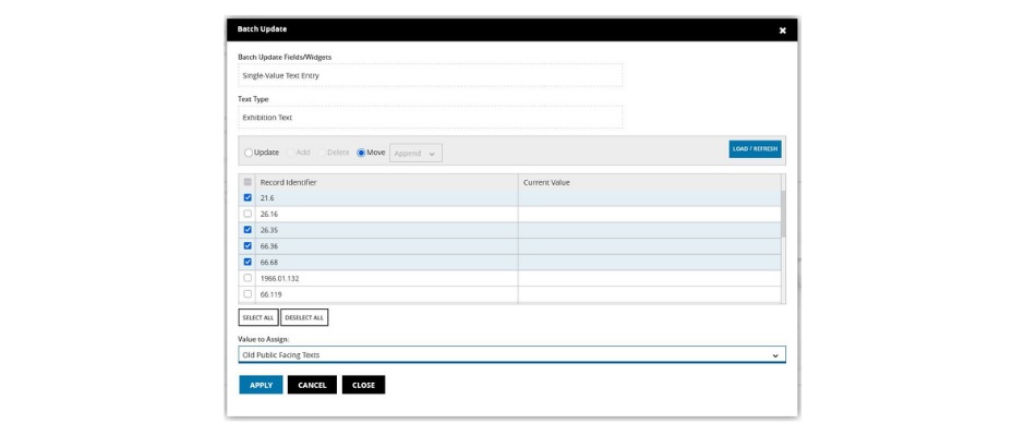 Easily move and manage single-value text entries—override or append them to existing fields with the batch update feature.