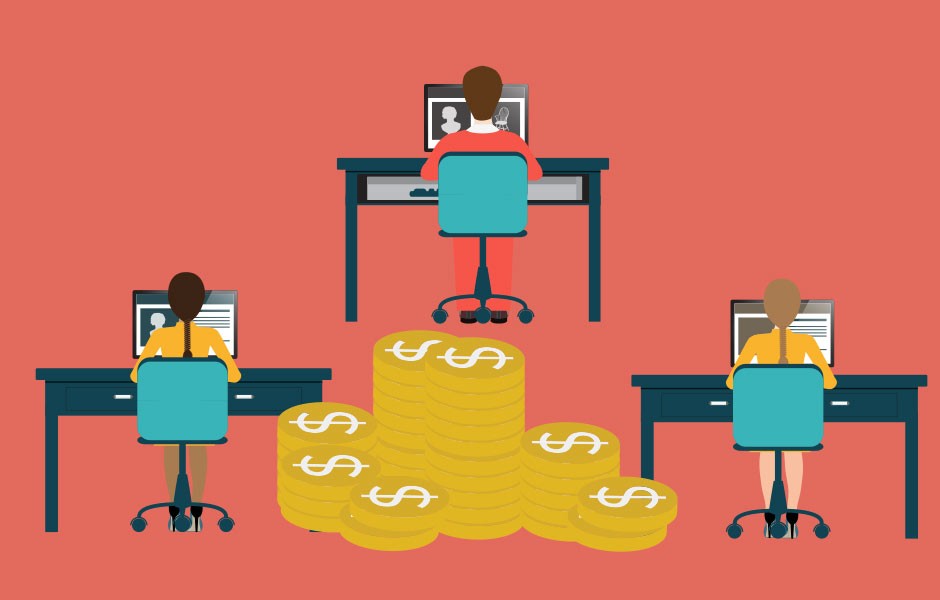 graphic of three people at desks next to oversized piles of gold coins