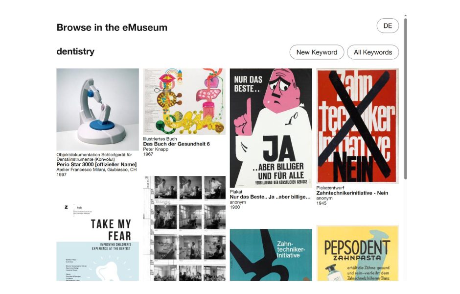 Screenshot of a grid view of objects on the Museum für Gestaltung Zürich website, using the eMuseum integration