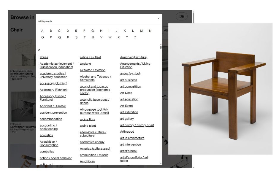 Photo of the customized keyword menu used by Museum für Gestaltung Zürich to identify objects