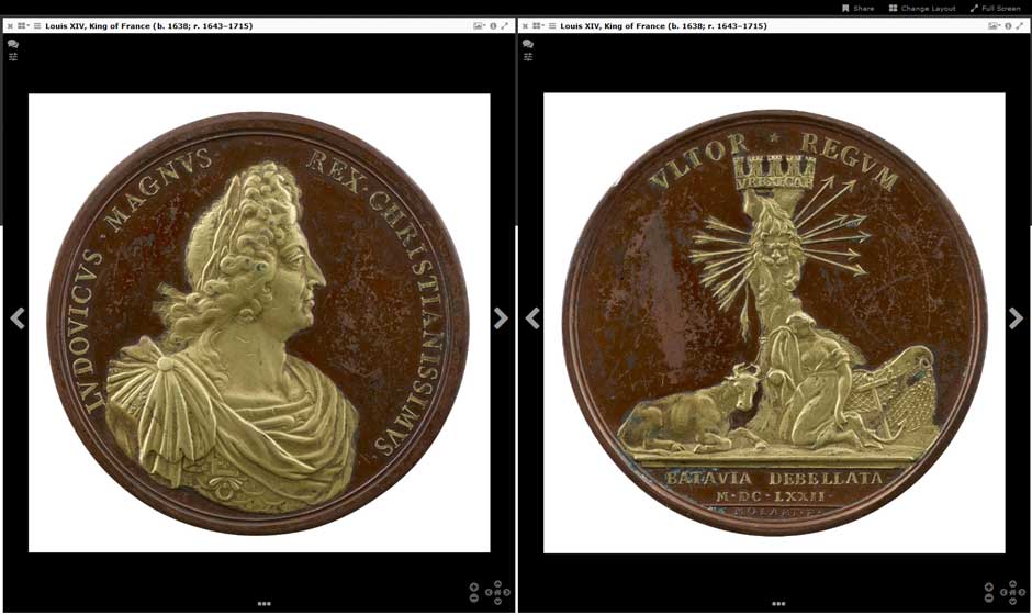 Medal of Louis XIV, King of France (b. 1638; r. 1643–1715), dated 1672, primary maker: Michel Mollart. Image courtesy of The Frick Collection, via eMuseum and the IIIF viewer. Here, we compare the obverse and the reverse of a medal.