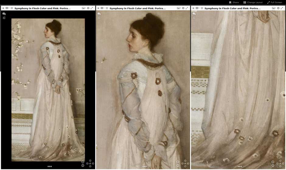Symphony in Flesh Color and Pink: Portrait of Mrs. Frances Leyland, by James McNeill Whistler (1871-74). Image courtesy of The Frick Collection, which uses eMuseum to display its collection online. Here, we are using the bookmark link to compare details related to one object in the IIIF viewer.