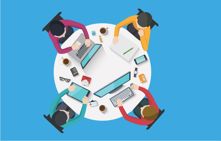 graphic of simple icons showing coworkers collaborating