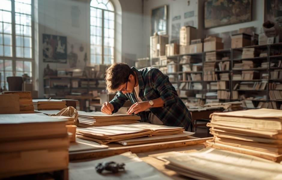 Collections staff member reviewing archival documents and records in a sunlit archive room