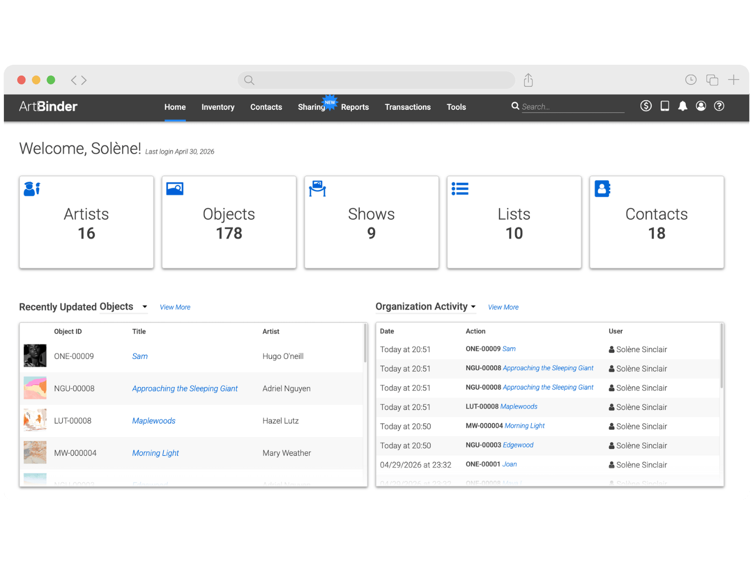 ArtBinder displayed in a web browser