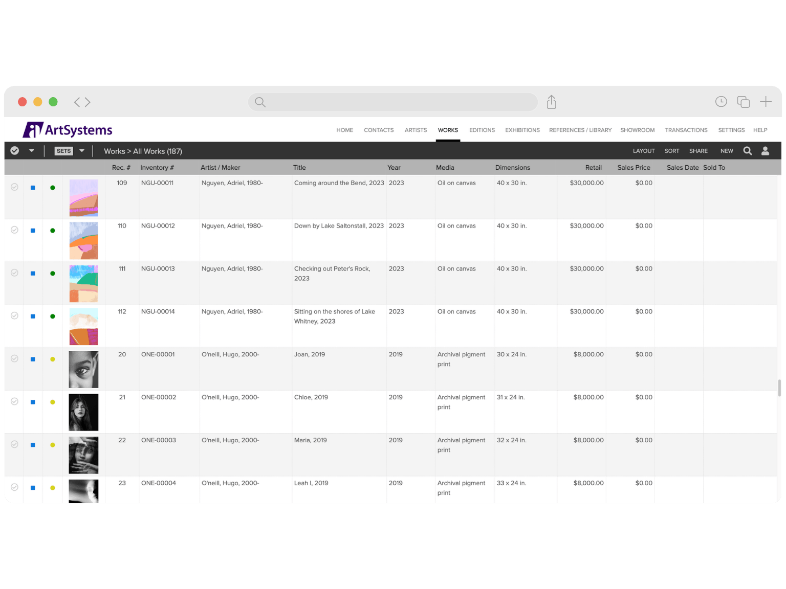 ArtSystems displayed in a web browser
