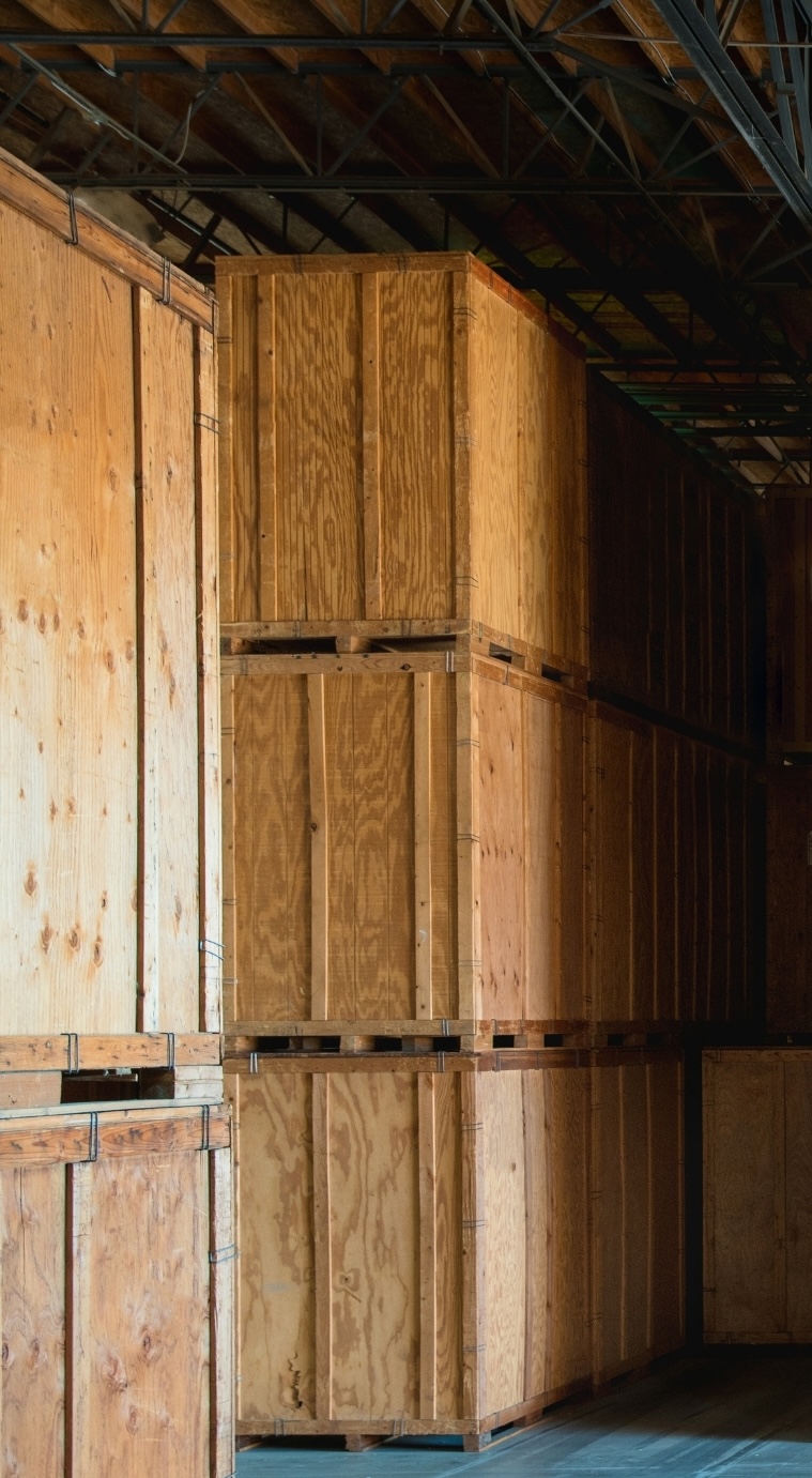 museum artworks stored in crates.