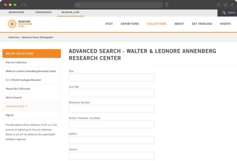 Brandywine Museum of Art's advanced search tool displayed in eMuseum