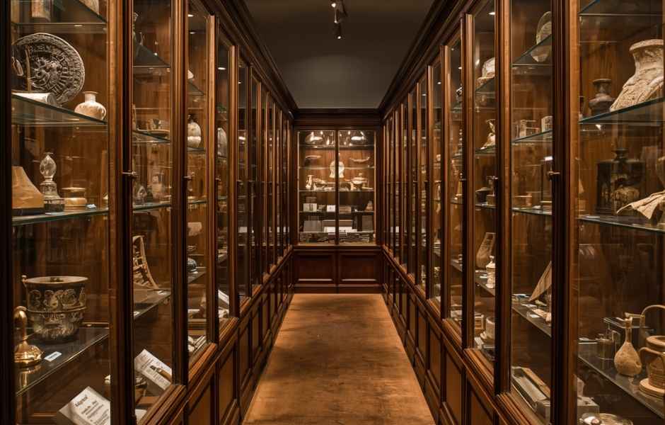 Floor-to-ceiling glass display cabinets housing a diverse range of archival objects, illustrating the breadth of collections centralised within a single management system
