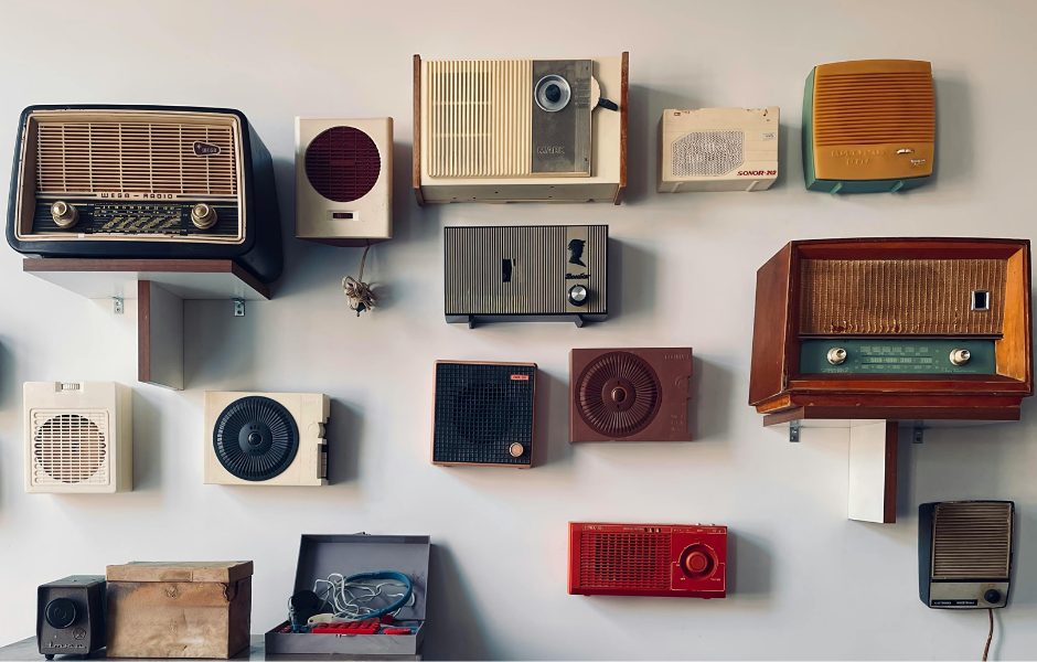 collection of vintage radios on display