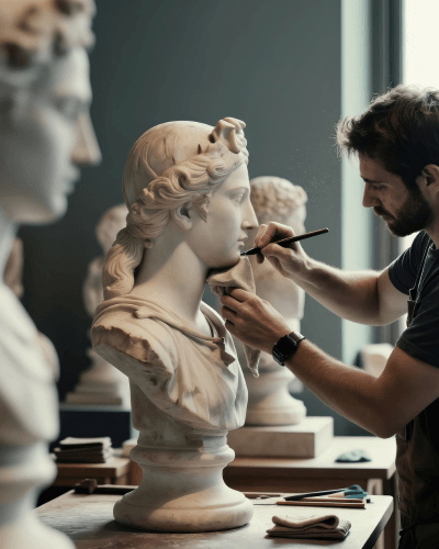 conservator working on sculpture