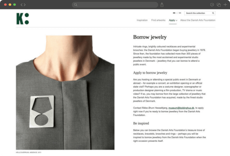 Danish Arts Foundation's custom public lending page displayed in eMuseum