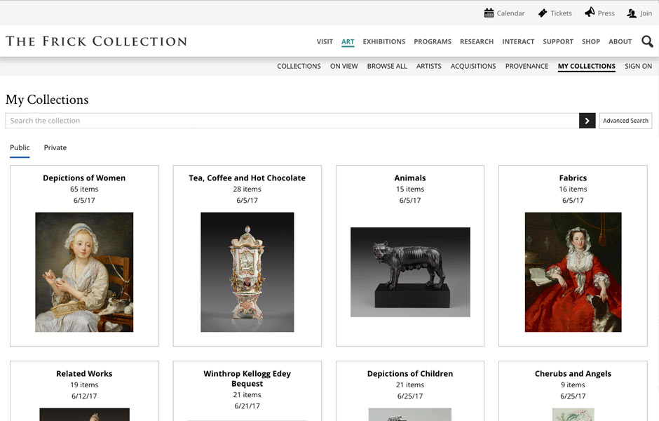 eMuseum My Collections feature showing visitor-created playlists of museum objects