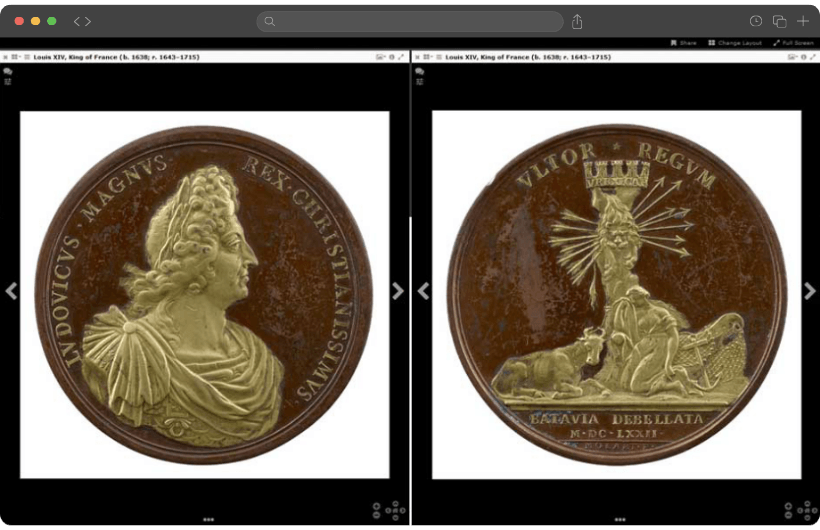 Comparison of the obverse and reverse of a Louis XIV medal in The Frick Collection using the eMuseum IIIF viewer