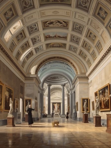 Grand gallery hall displaying fine art paintings and sculptures, representing the fine art collections institutions manage with Gallery Systems.