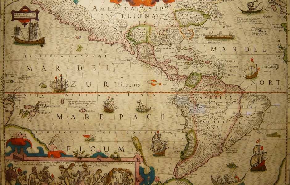 A detailed historical map of the Americas, representing the type of archival collections managed within TMS Collections