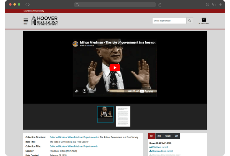 Hoover Institution video object record featuring Milton Friedman displayed in eMuseum