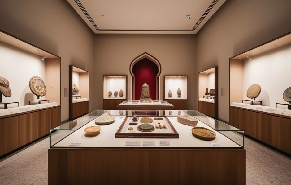 Preview of a TMS Collections downloadable guide, depicting a gallery room with artifact displays in illuminated cases