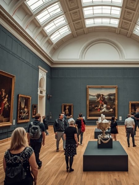 Visitors exploring a grand gallery room with large framed paintings and sculptural objects on display