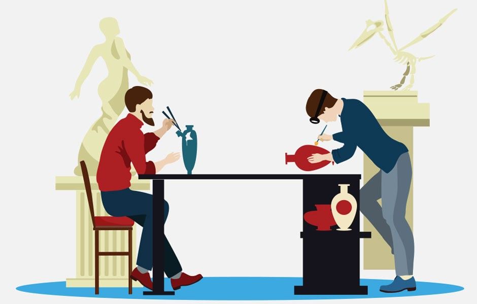 graphic with simple icons showing two people repairing objects.