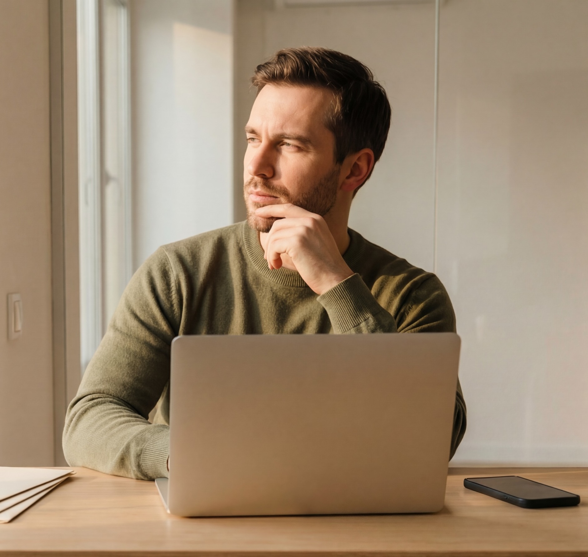 man at his computer thinking about edits for his website.