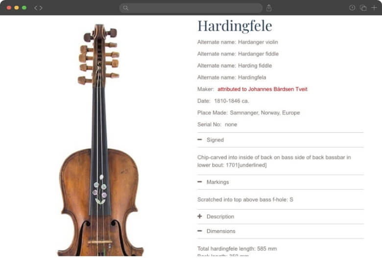 Detailed object record for a hardingfele violin in the National Music Museum with expanded collection information displayed in eMuseum
