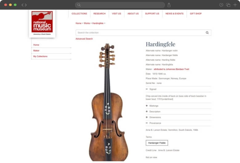 Object record for a hardingfele violin in the National Music Museum displayed in eMuseum