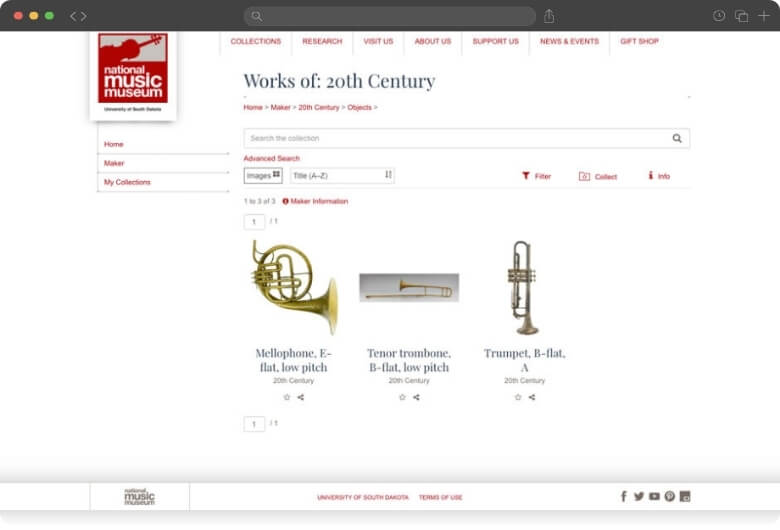Collection of favorite National Music Museum instruments saved using the My Collections feature in eMuseum