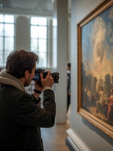 Photographer capturing a painting in a gallery, representing the media assets institutions connect to collections records with Gallery Systems.