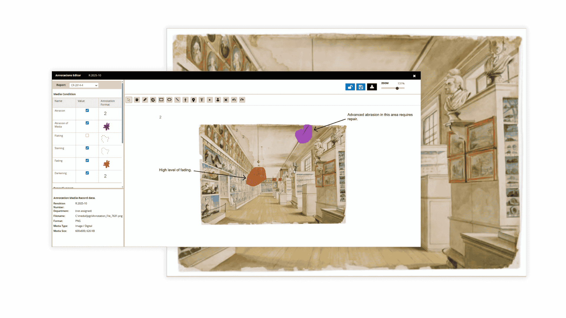 TMS Conservation Studio annotations editor displaying condition mapping and media record data overlaid on a collection object image
