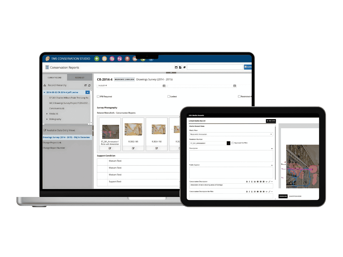 TMS Conservation Studio interface showing conservation reports and linked media records across desktop and tablet devices