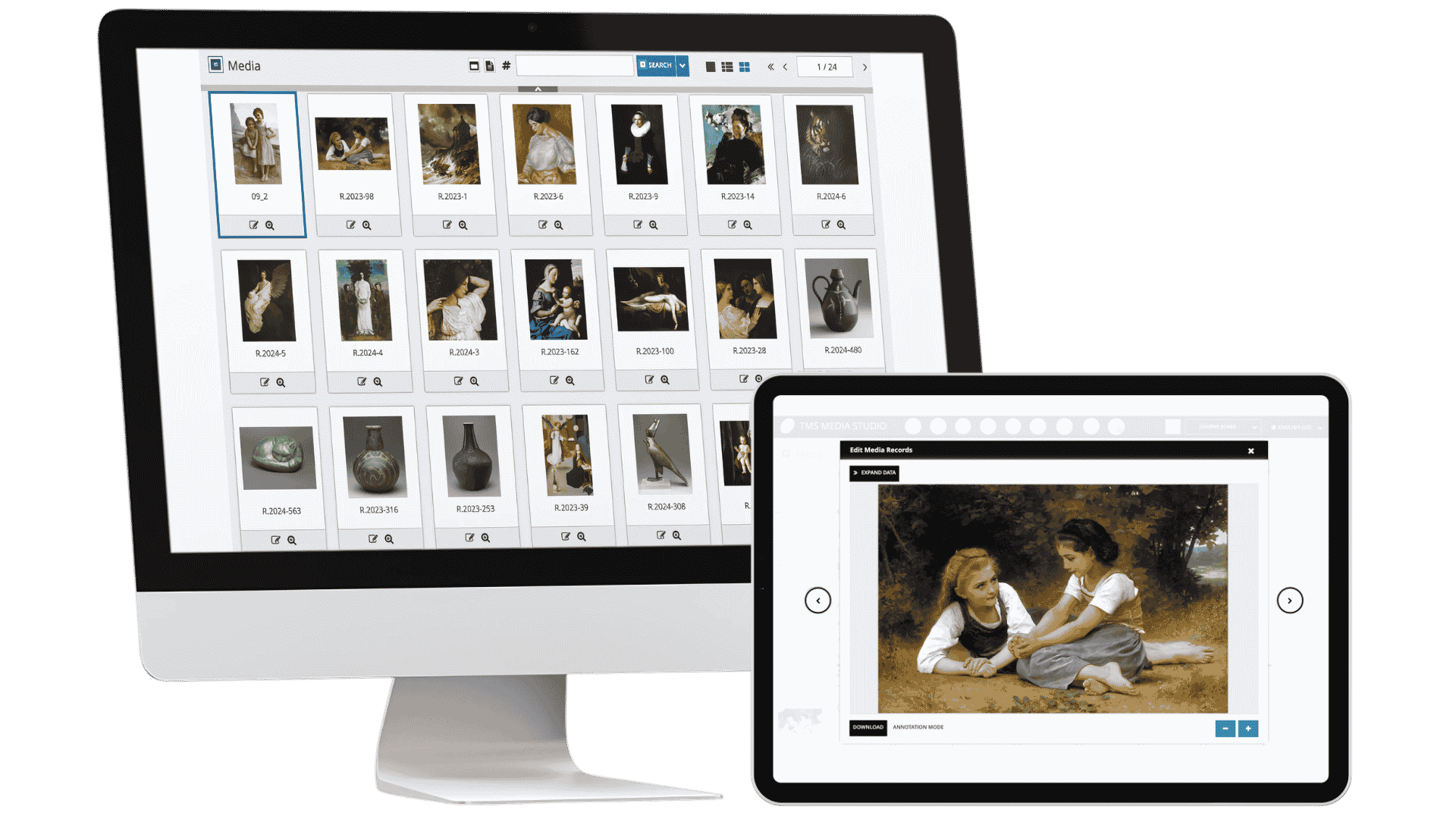 TMS Media Studio displayed on a desktop monitor and tablet, showing a media grid and individual asset record for collections digital asset management.