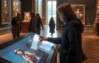 A visitor interacting with a touch screen display in a gallery, browsing collection images alongside framed paintings