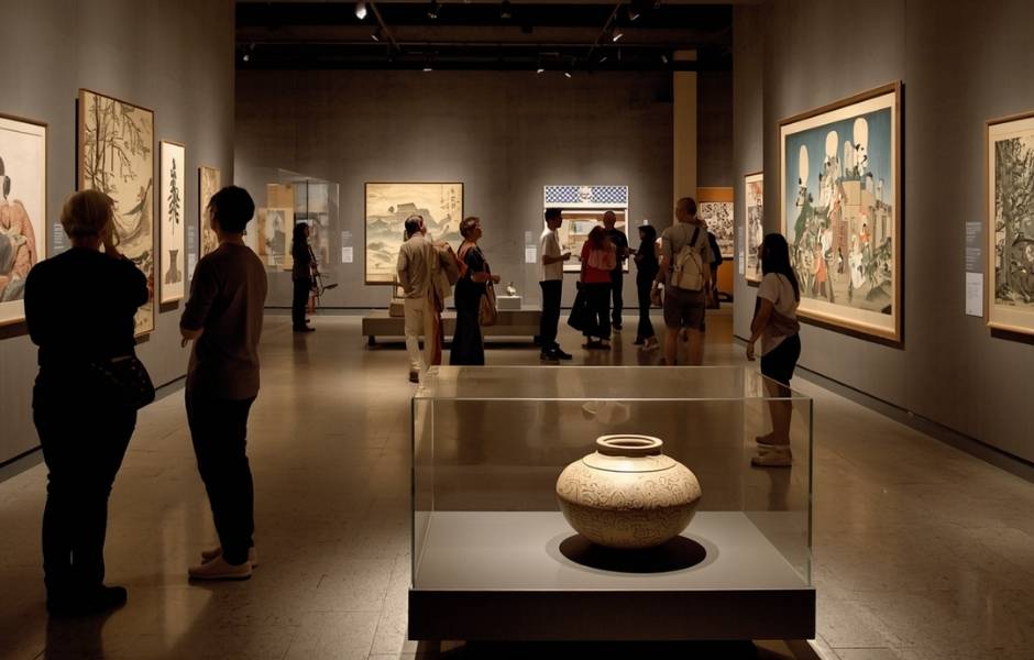 Visitors exploring an Asian art gallery displaying paintings and a ceramic vessel in a glass case, representing collections made accessible through EmbARK Web Kiosk