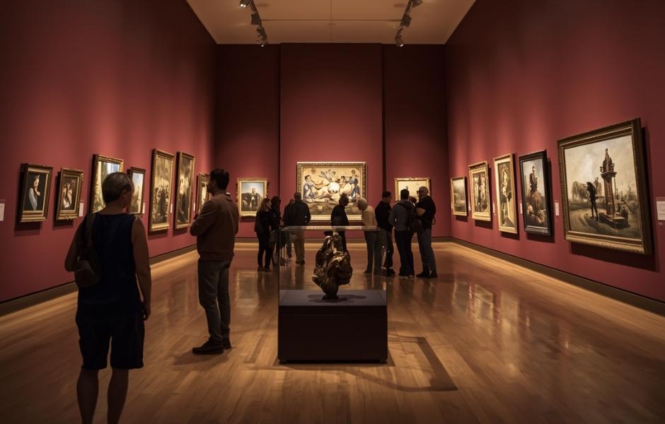 Visitors viewing paintings and a bronze sculpture in a warmly lit gallery, representing the cultural institutions EmbARK is designed to support