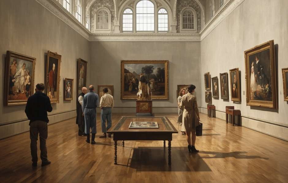 Visitors exploring a fine art gallery room lined with framed paintings, representing the collections institutions manage with Gallery Systems.