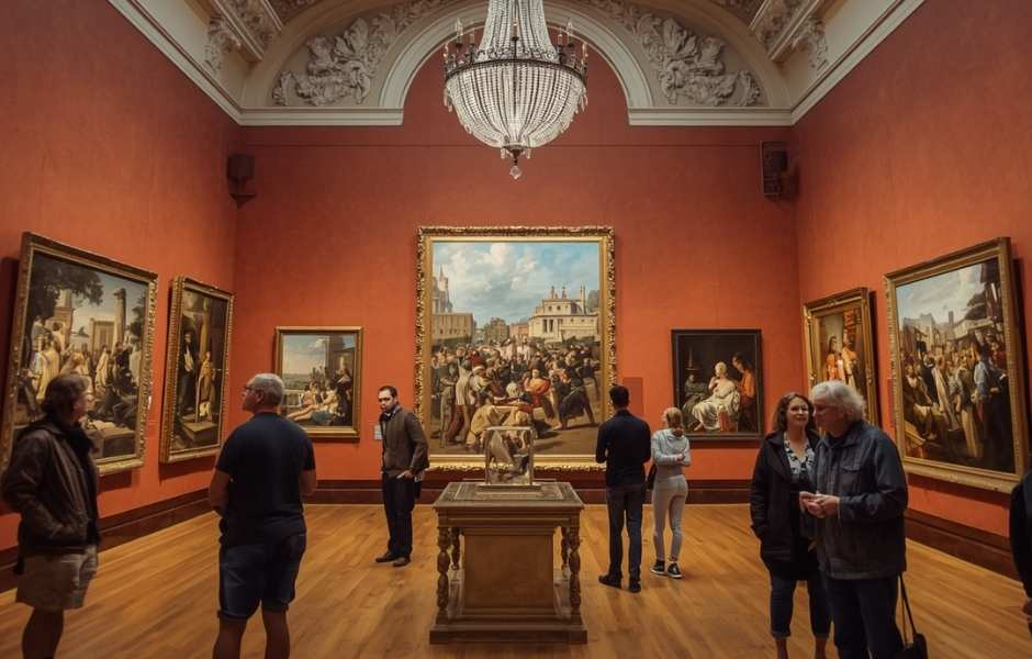 Visitors exploring a fine art gallery room with large framed paintings, representing the collections workflows institutions manage and coordinate with TMS Collections.