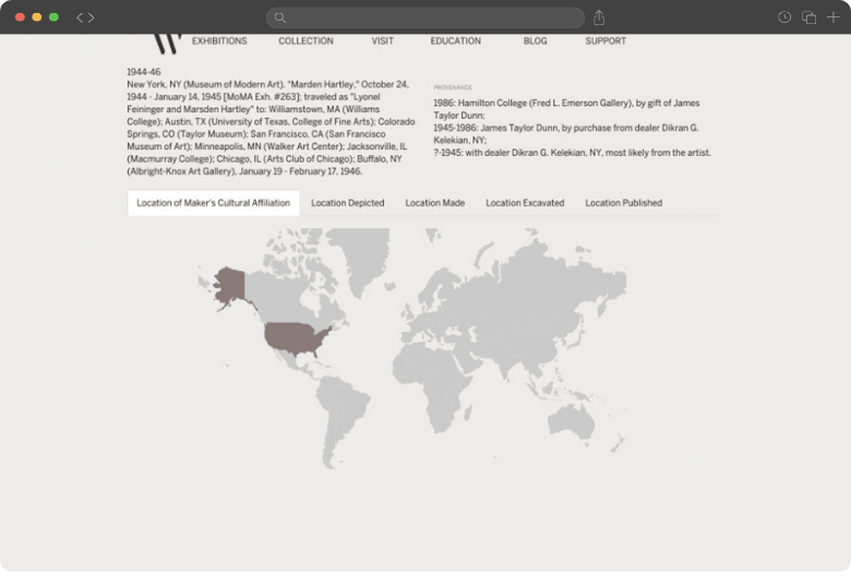 Map of geographic data from the Wellin Museum online collection displayed in eMuseum