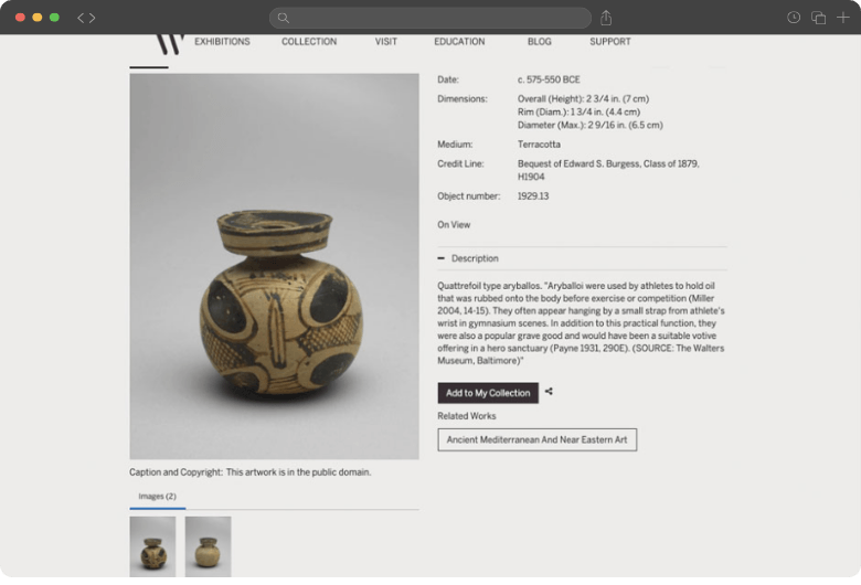 Detailed object record for an oil container in the Wellin Museum displayed in eMuseum