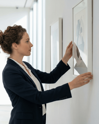 woman in gallery hanging artwork